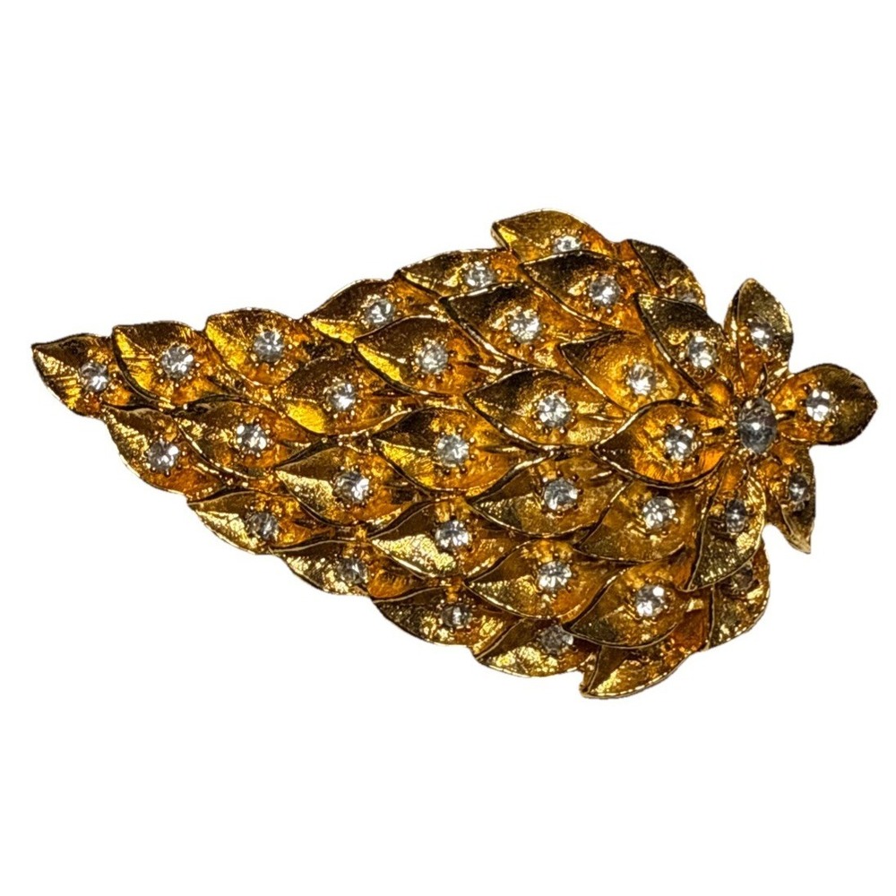 Vintage Gold Tone Layered Leaf Floral Brooch Rhinestone Detail J20-8